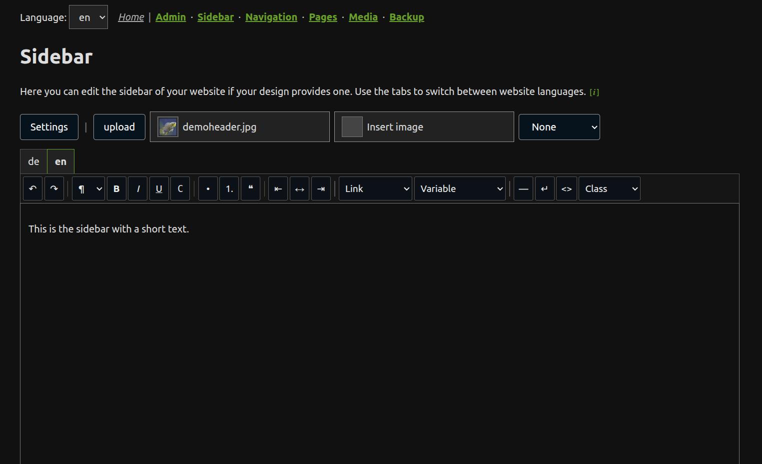 Sidebar editor screenshot